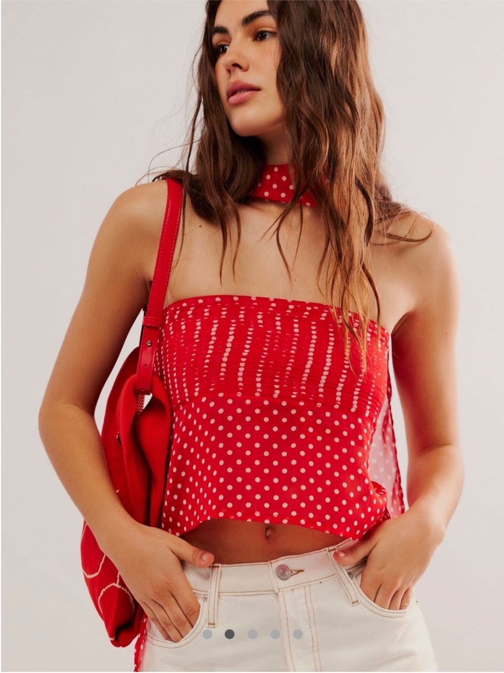 Free People Red Polka Dot Strapless Crop Top with Neck Scarf